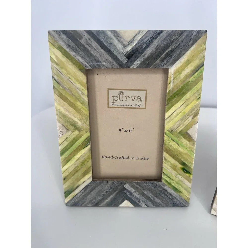 2 Purva Picture Frames Hand Crafted In India 4x6 Photos Green Gray Beige